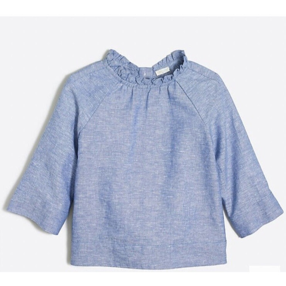J crew crewcuts girls 3 T linen cotton blue top Blouse 3/4 sleeve ruffles Twins?